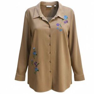 Cascade Blue Women's XL Blouse Solid Tan with Floral Embroidery  Career Vacation